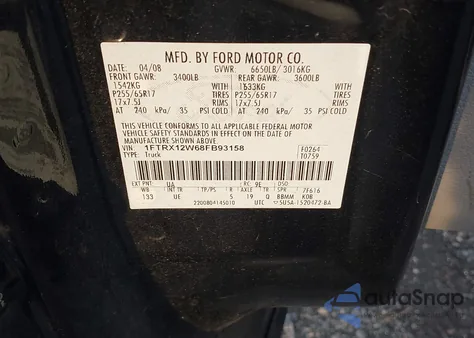 2008 Ford F-150 Fx2/Stx/Xl/Xlt z USA, uszkodzony, nr VIN 1FTRX12W68FB93158